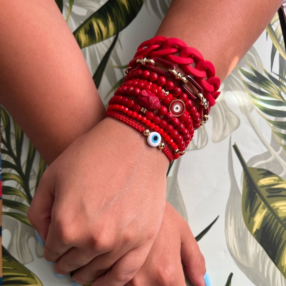 Evening Red Trendy Beaded Bracelet Set - Stylish Fashionable Bead Bracelets - Picture 5 of 15